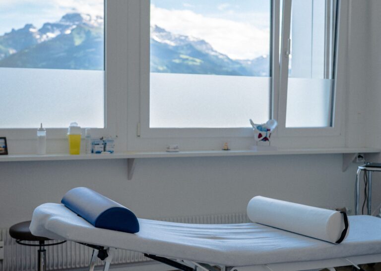 Vue d'une cabine de soins chez Physio Clinics à Aigle Valerette avec vue montagne.