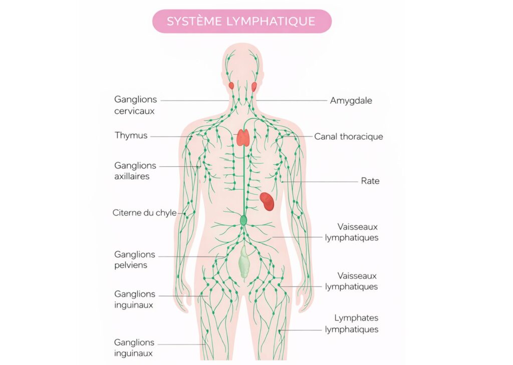 Système lymphatique représenté sur un schéma.