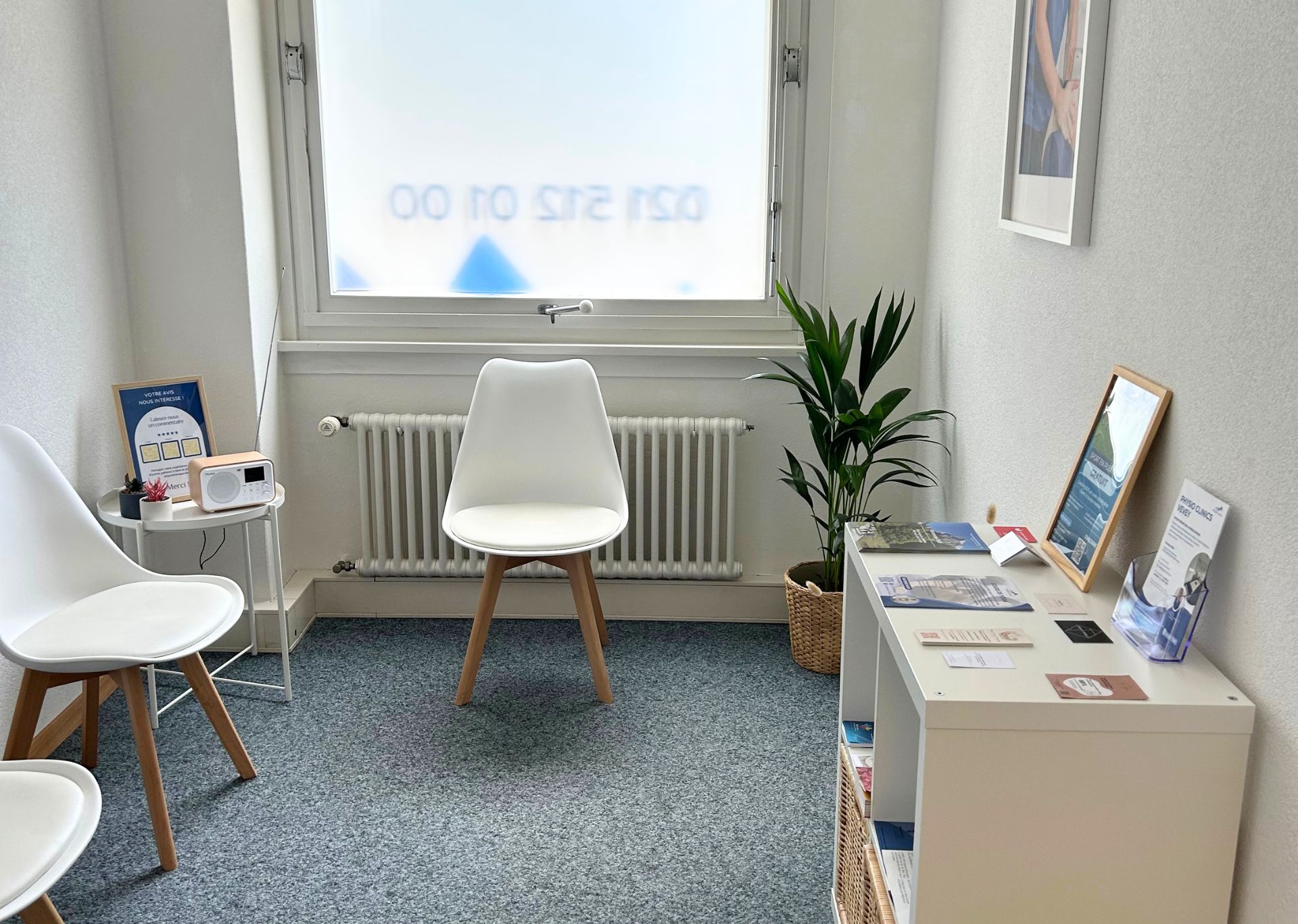 vevey-salle-attente-physio-clinics Salle d'attente chez Physio Clinics à Vevey.