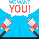 Male hand holding megaphone with we want you speech bubble. Banner for business. Vector illustration